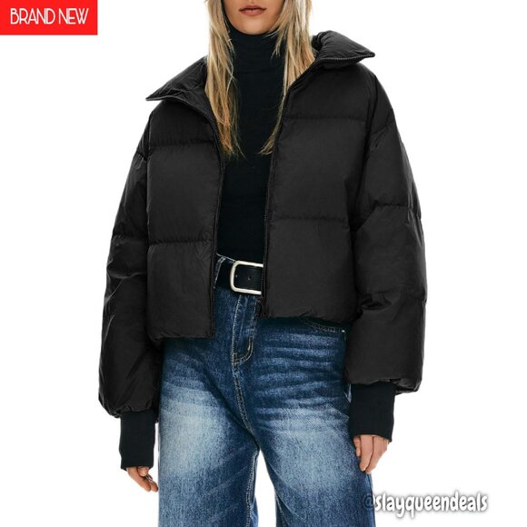 Women's Oversized Cropped Puffer Jacket Down Coat Stand Collar